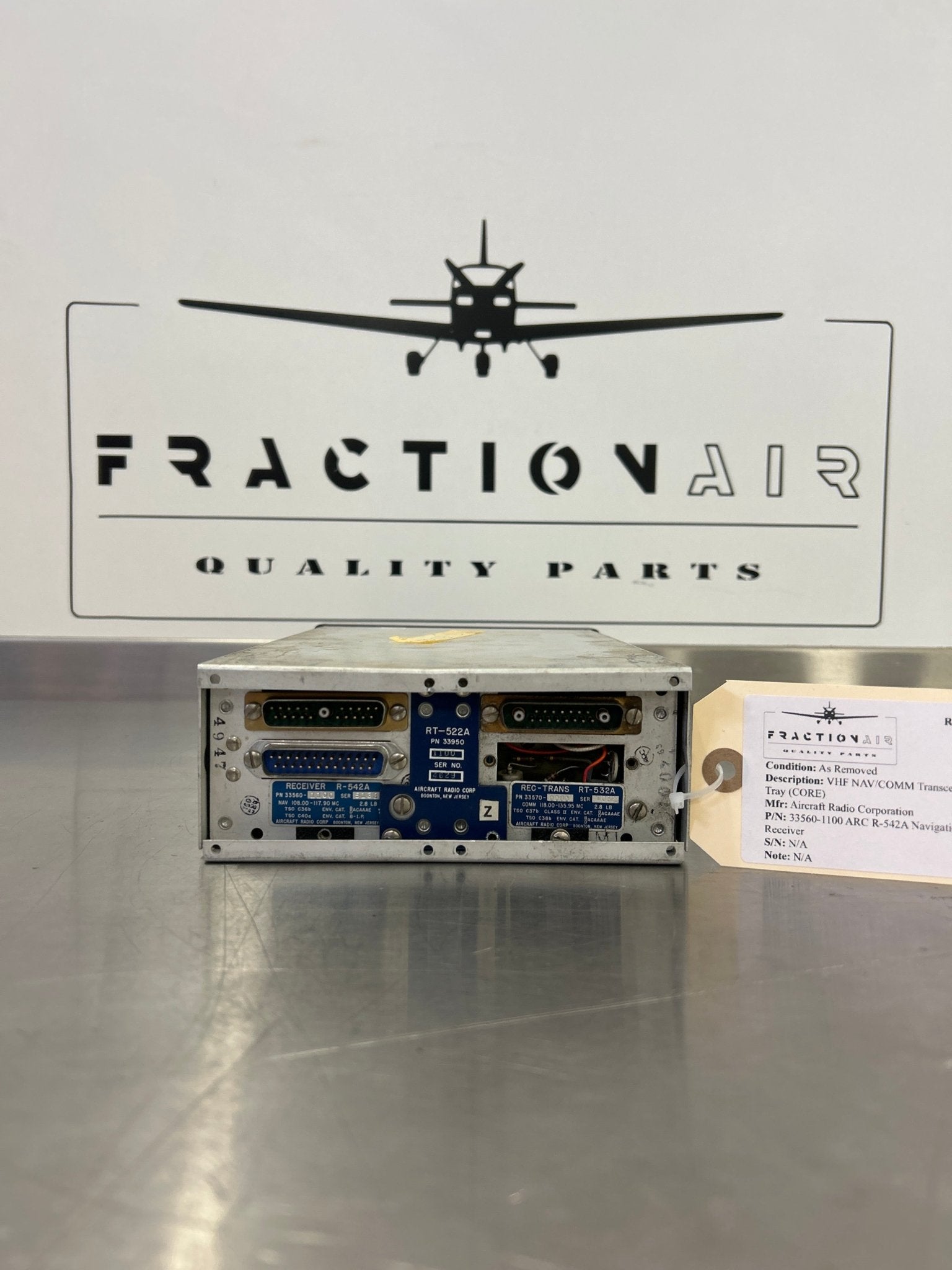 33560 - 1100 ARC R - 542A Navigation Receiver Aircraft Radio Corporation VHF NAV/COMM Transceiver w/ Tray (CORE) | FractionAIR Parts - Aircraft Parts & Accessories