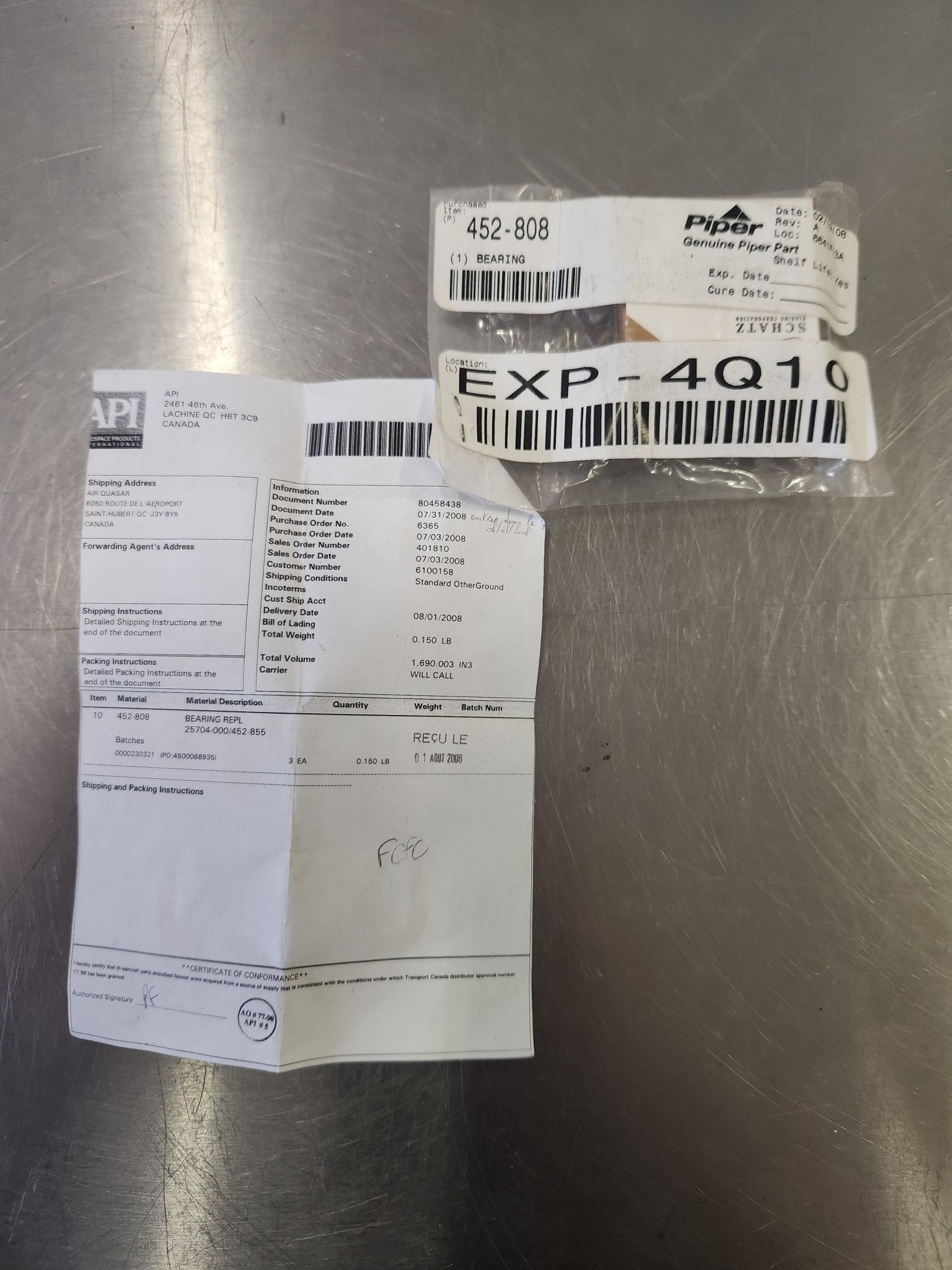 452 - 808 PIPER BEARING ALT : 25704 - 000, 452 - 345, 452 - 808, 452 - 855, CS2170, CS3906 | FractionAIR Parts - Aircraft Parts & Accessories